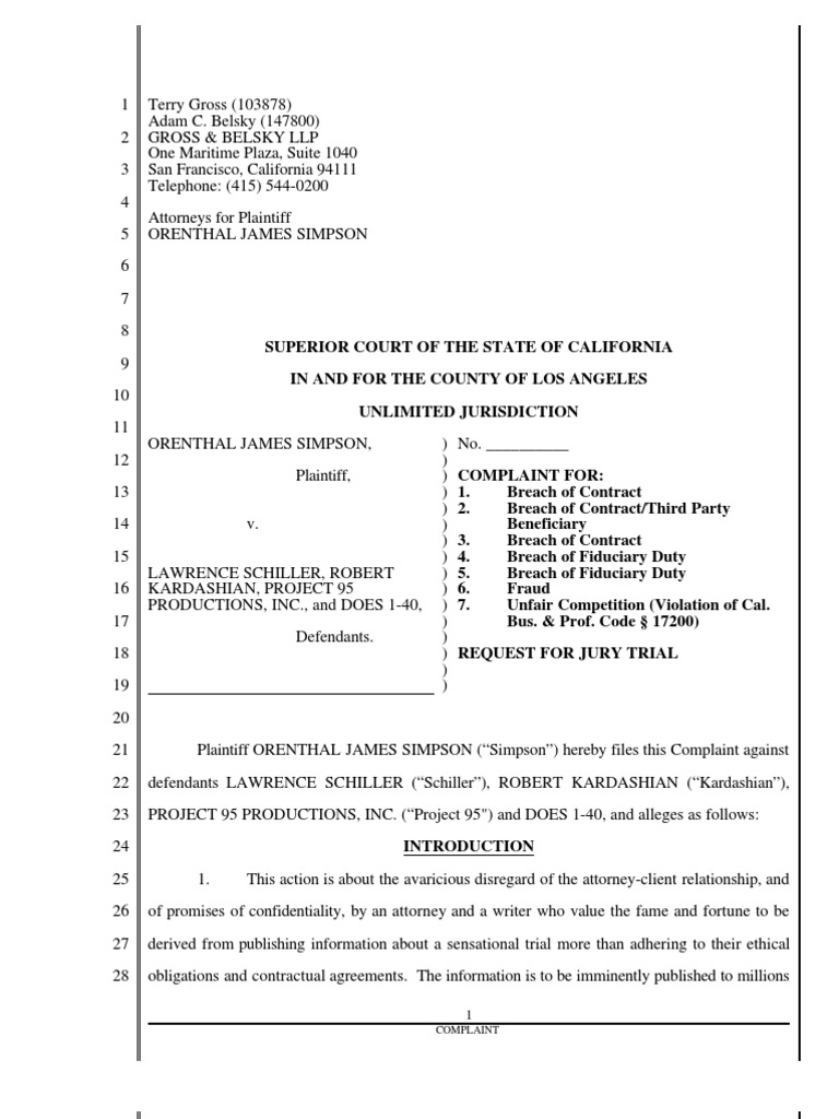 Complaint Breach of Fiduciary Duties Confidentiality Fiduciary