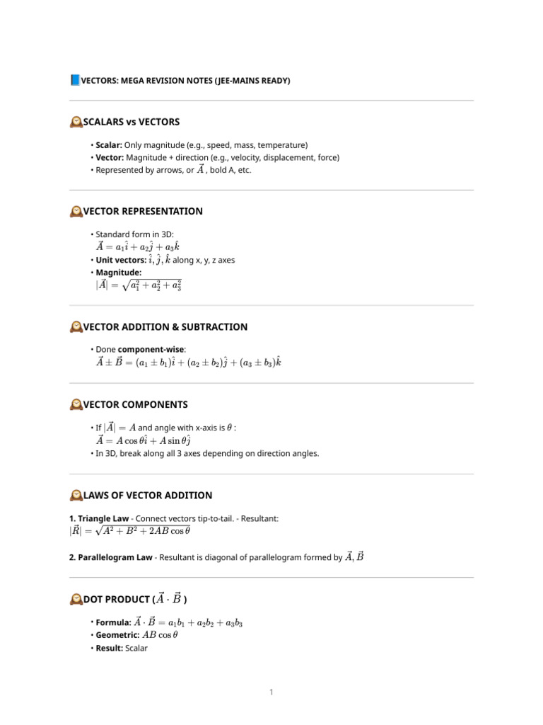 JEE Vectors Revision Notes Guide | PDF | Euclidean Vector | Mechanics