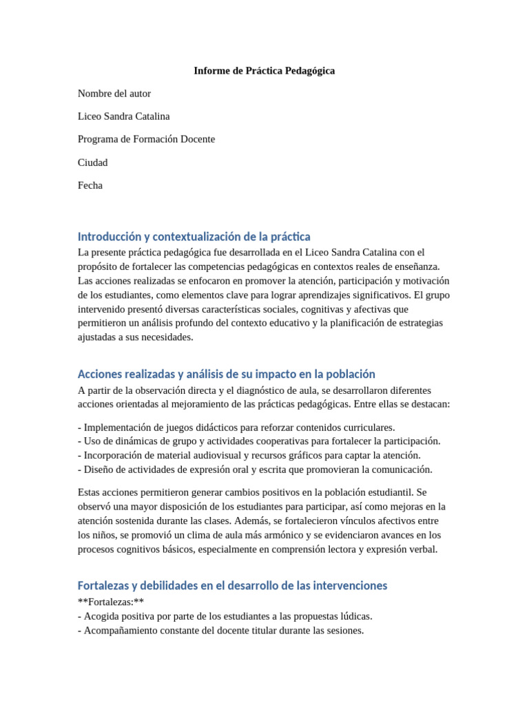 Informe Practica Pedagogica Actualizado Referencias Recientes | PDF ...
