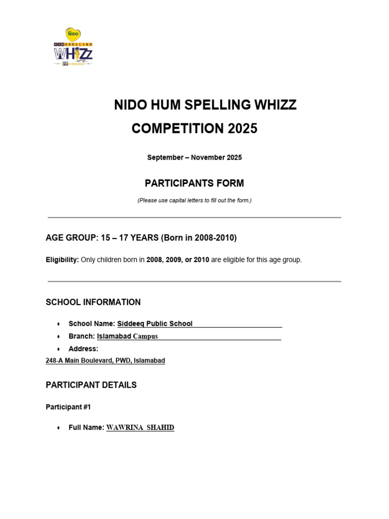 Nido HUM Spelling Whizz Registration Pack 15-17 | PDF