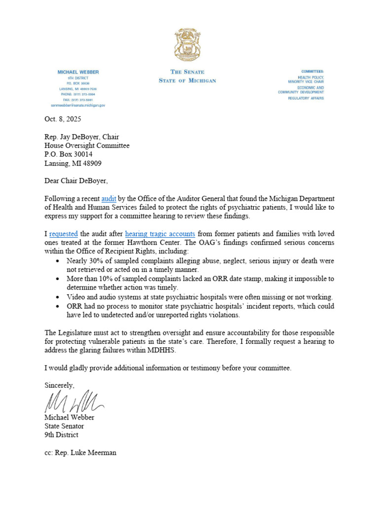 Webber 2025-10-08 House Oversight Hearing Request Letter | PDF