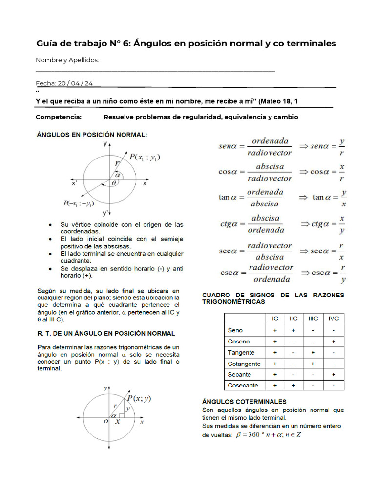 Matemática Capacitación GUIA 6 Ángulos en Posición Normal y ...
