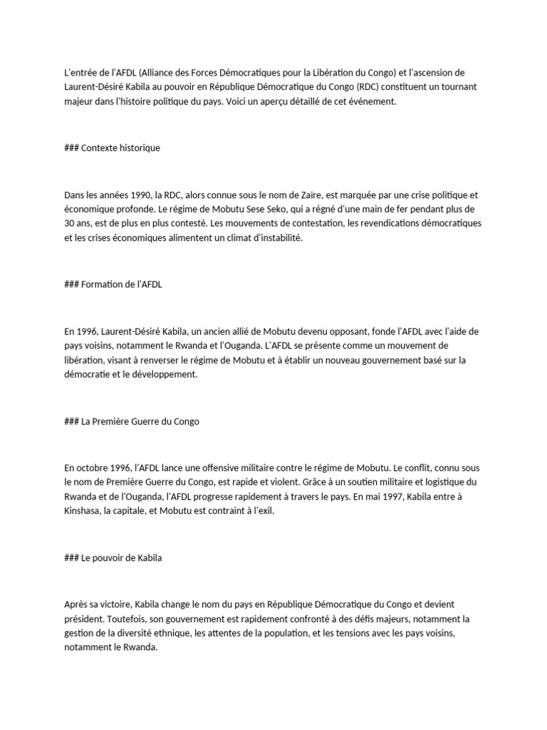 L'entrée de l'AFDL et Kabila au pouvoir | PDF | République démocratique ...