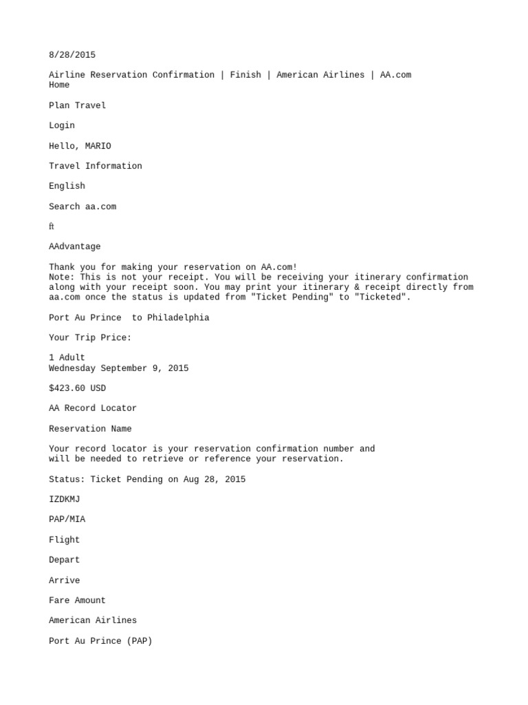 Airline Reservation Confirmation Finish American Airlines AA | PDF