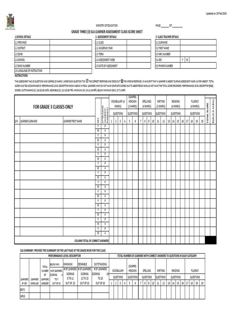 Grade 3 SLA Assessment Score Sheet | PDF | Fluency | Second Language ...