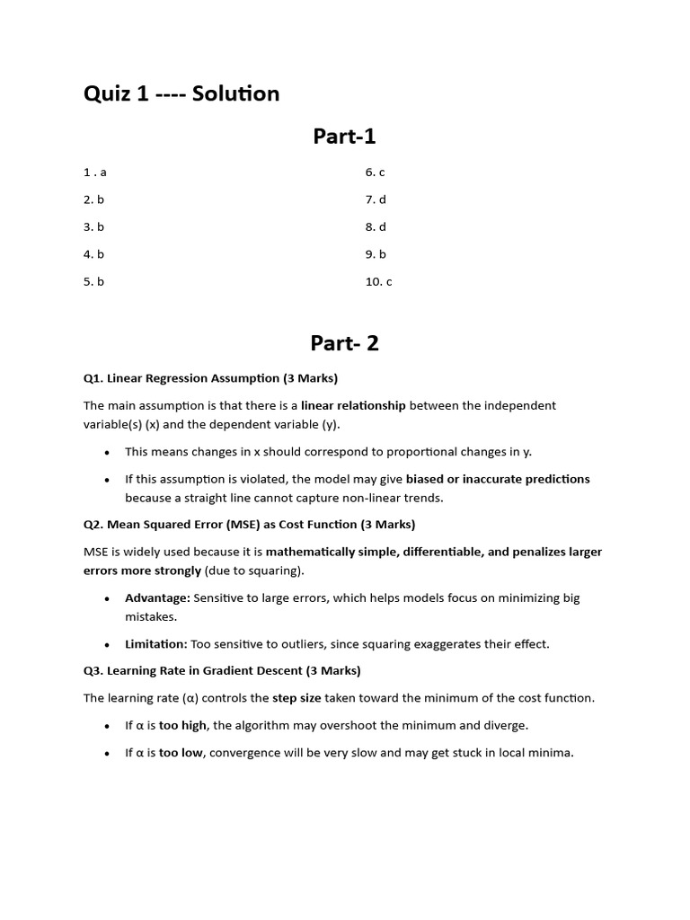 Quiz 1 Solutions: Linear Regression Insights | PDF