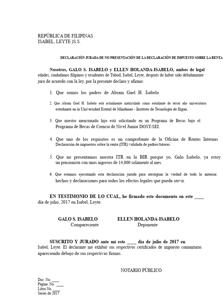 Declaración Jurada de No ITR en Filipinas | PDF