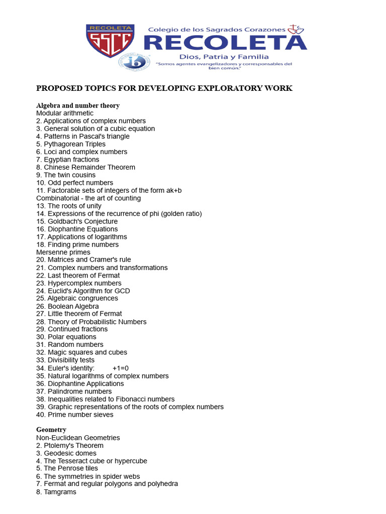 Exploratory Math Topics for Evaluation | PDF | Numbers | Prime Number