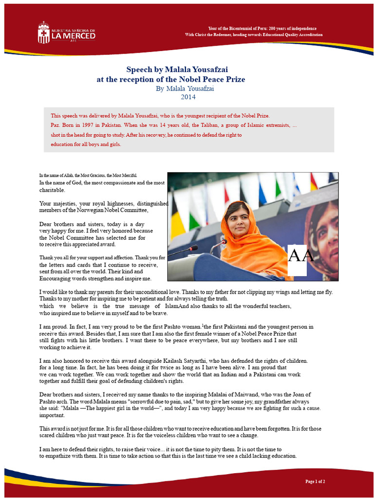 The Speech of Malala Yousafzai PDF Malala Yousafzai
