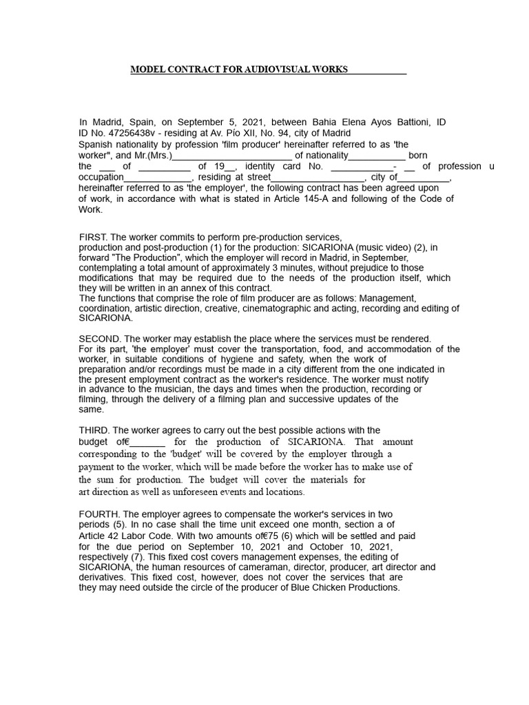 Audiovisual Work Contract Template | PDF | Employment | Budget