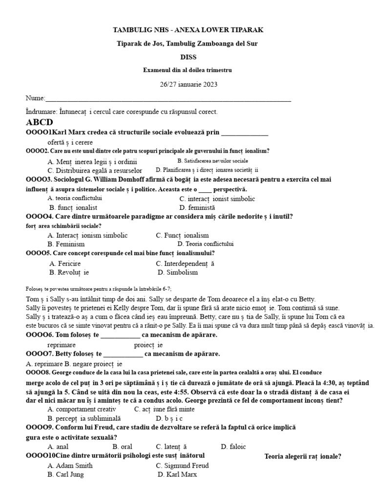 Testul DISS Pentru Al Doilea Trimestru | PDF