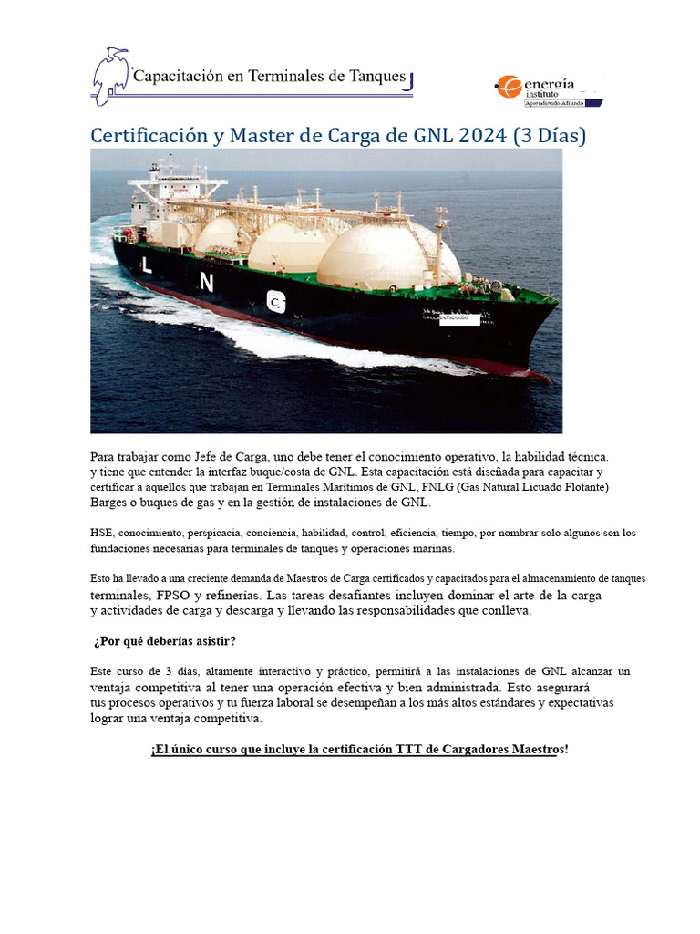 Curso Certificación Jefe de Carga GNL 2024 | PDF | Gas natural licuado