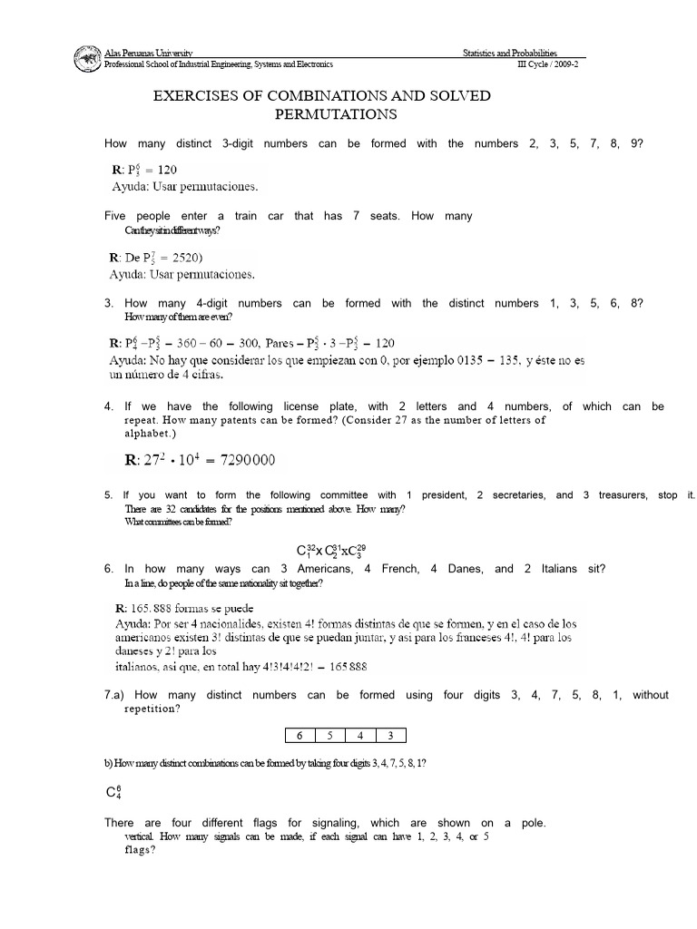 Combinations and Permutations Exercises | PDF | Permutation | Bit