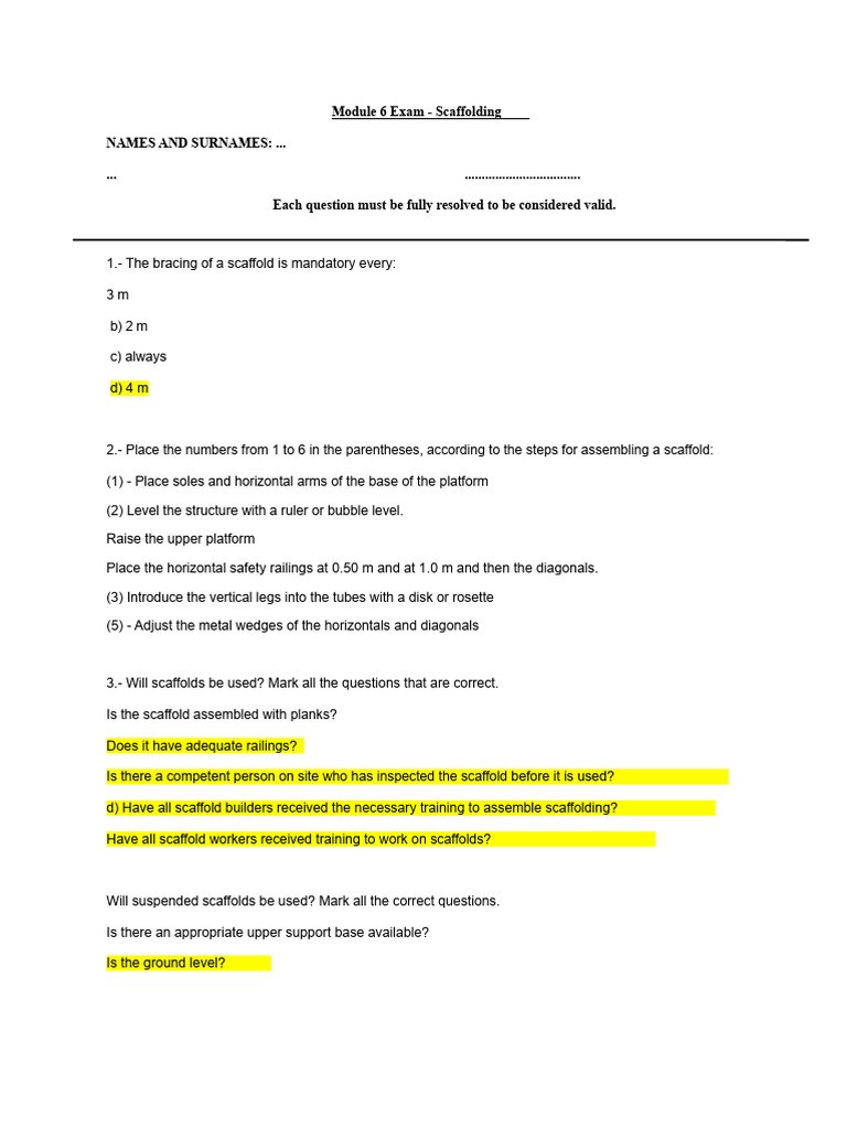 Scaffolding Module 6 Exam Questions | PDF | Scaffolding | Beam (Structure)