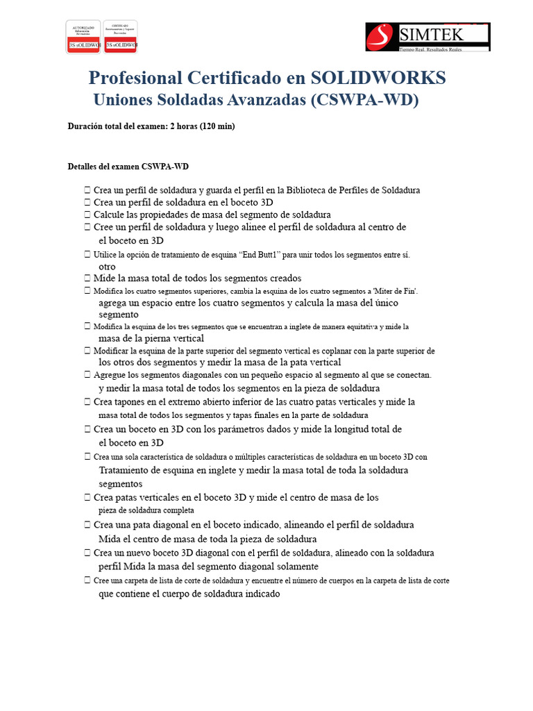 Examen CSWPA-WD en SOLIDWORKS | PDF | Soldadura | Construcción