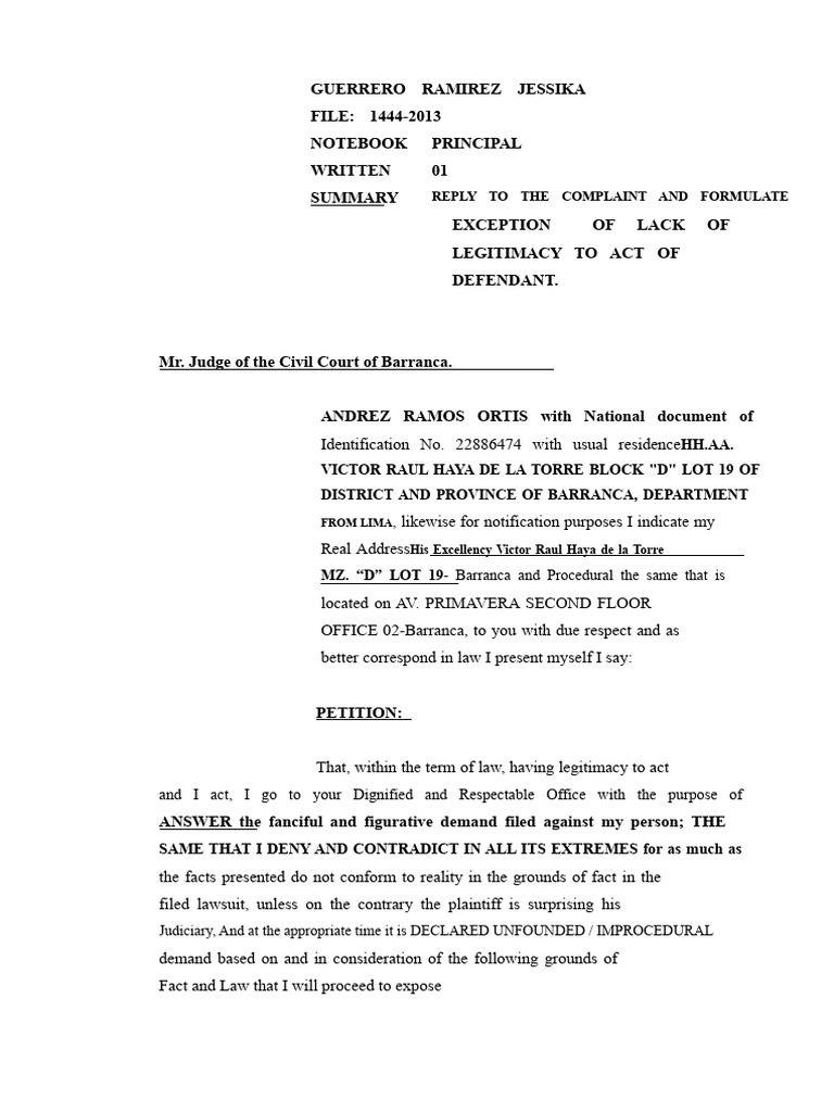 Answer The Lawsuit and Formulate An Exception of Lack of Standing To ...