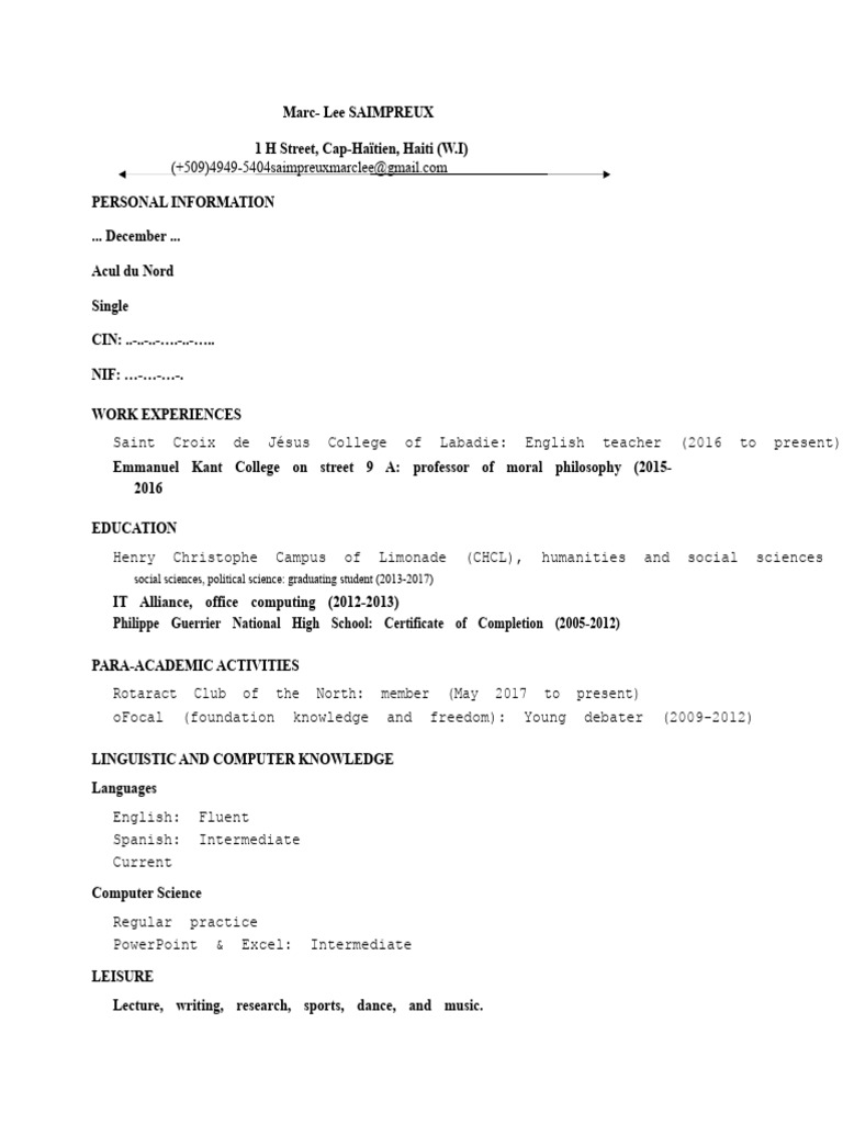 Marc Lee Saimpreux: CV Overview | PDF