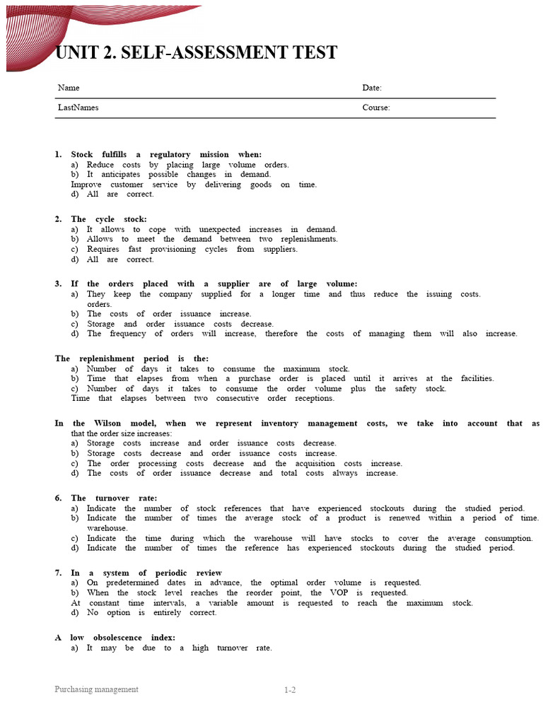 U2 Test Self-Assessment Purchasing Management | PDF | Inventory ...