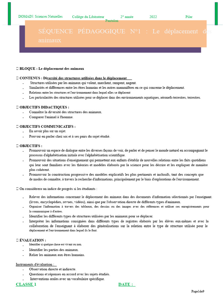 Séquence Didactique 1 - Déplacement Des Animaux | PDF | Zoologie