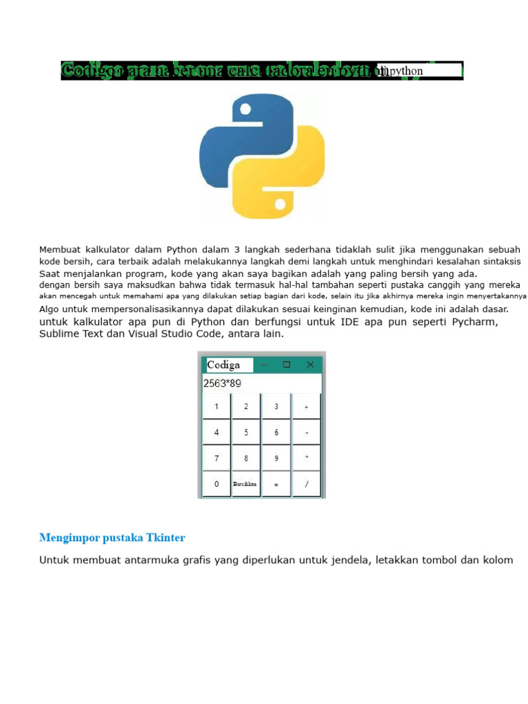 Kalkulator Sederhana dengan Python Tkinter | PDF