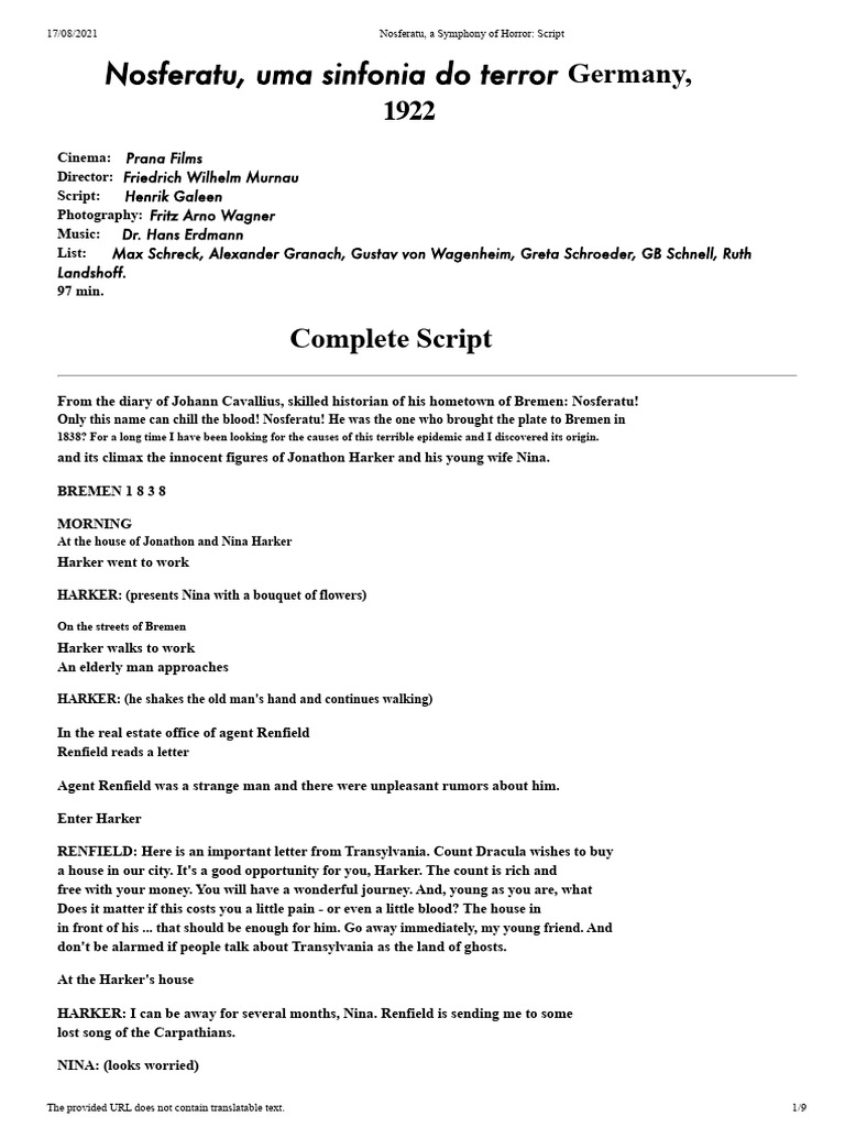 Nosferatu 1922 Film Script Overview | PDF | Count Dracula | Abraham Van ...