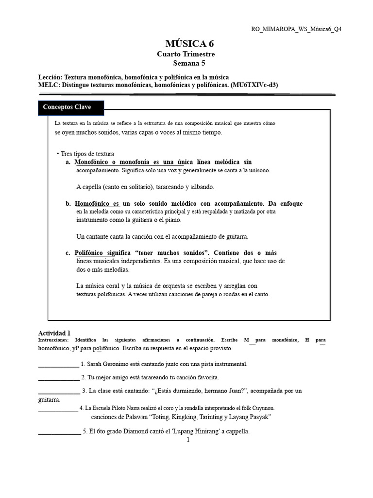 Texturas Musicales: Monofonía y Polifonía | PDF | Canciones | Melodía