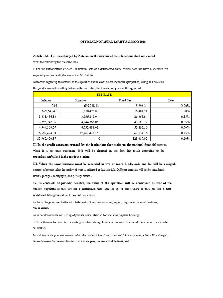 Notarial Fees Jalisco 2018 | PDF | Fee | Notary Public