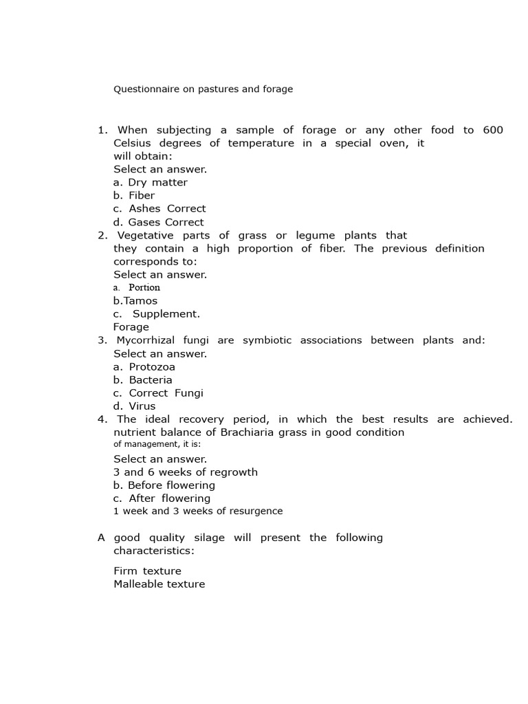 Forage and Pasture Questionnaire | PDF | Grazing | Soil