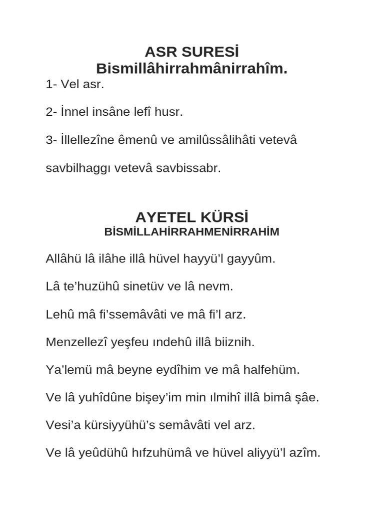 Sureler Asr Ayetel Kürsi̇ | PDF