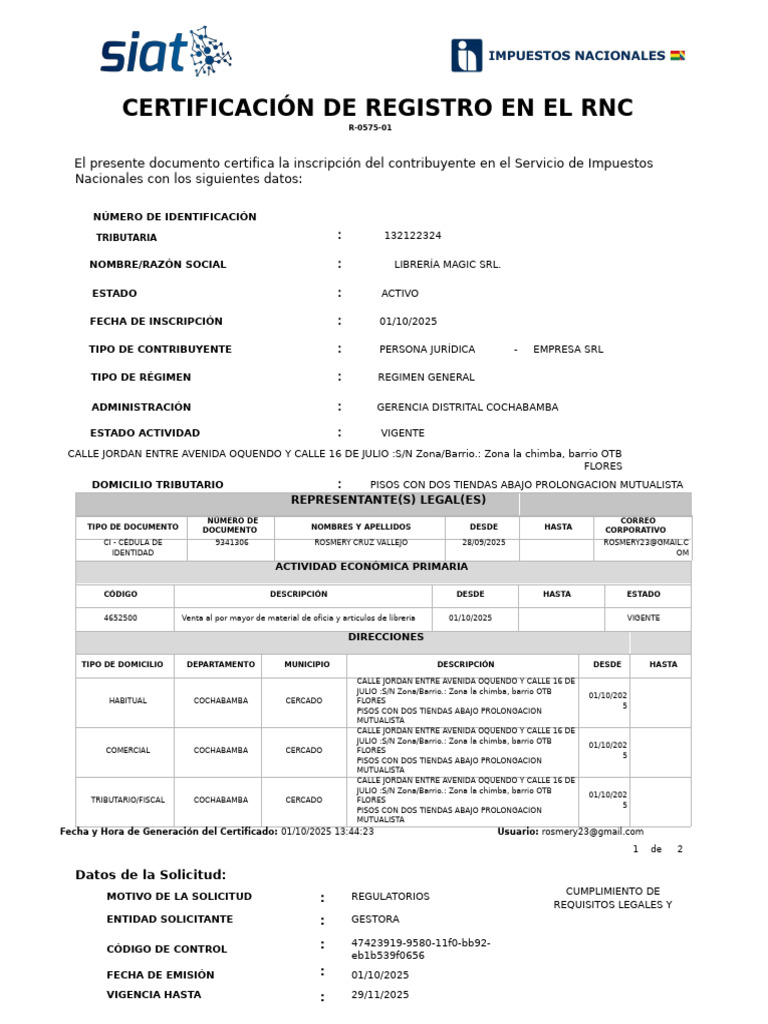 Certificación RNC Librería Magic SRL | PDF