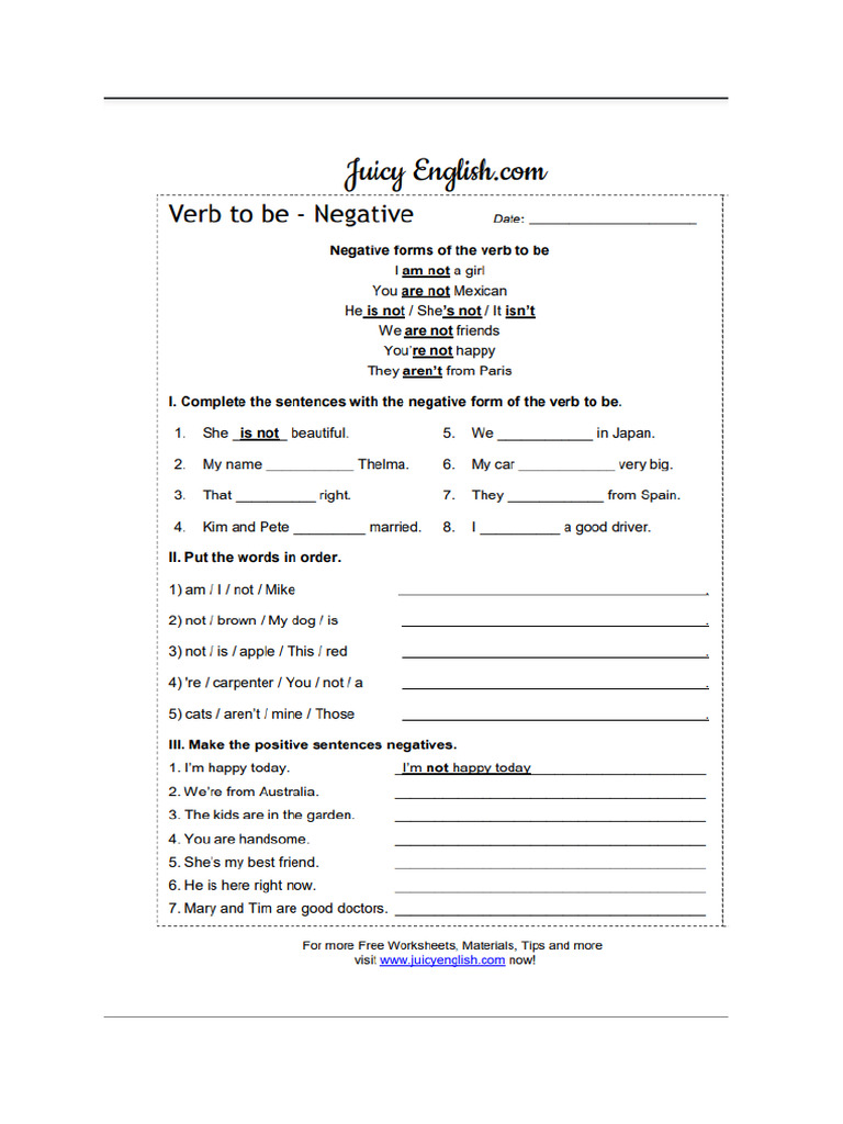 Verb To Be - Negative | PDF