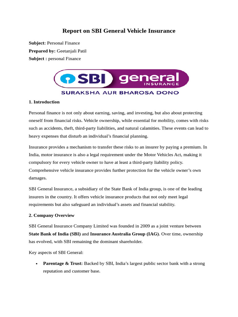 SBI General Vehicle Insurance Overview | PDF | Insurance | Vehicle ...