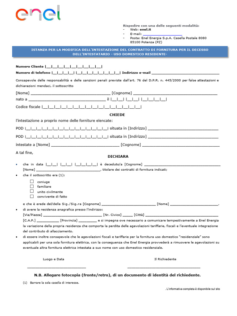 Istanza Voltura Decesso Intestatario Res | PDF