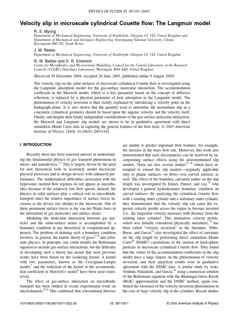 Microscale Couette Flow Velocity Slip Analysis | PDF | Adsorption ...