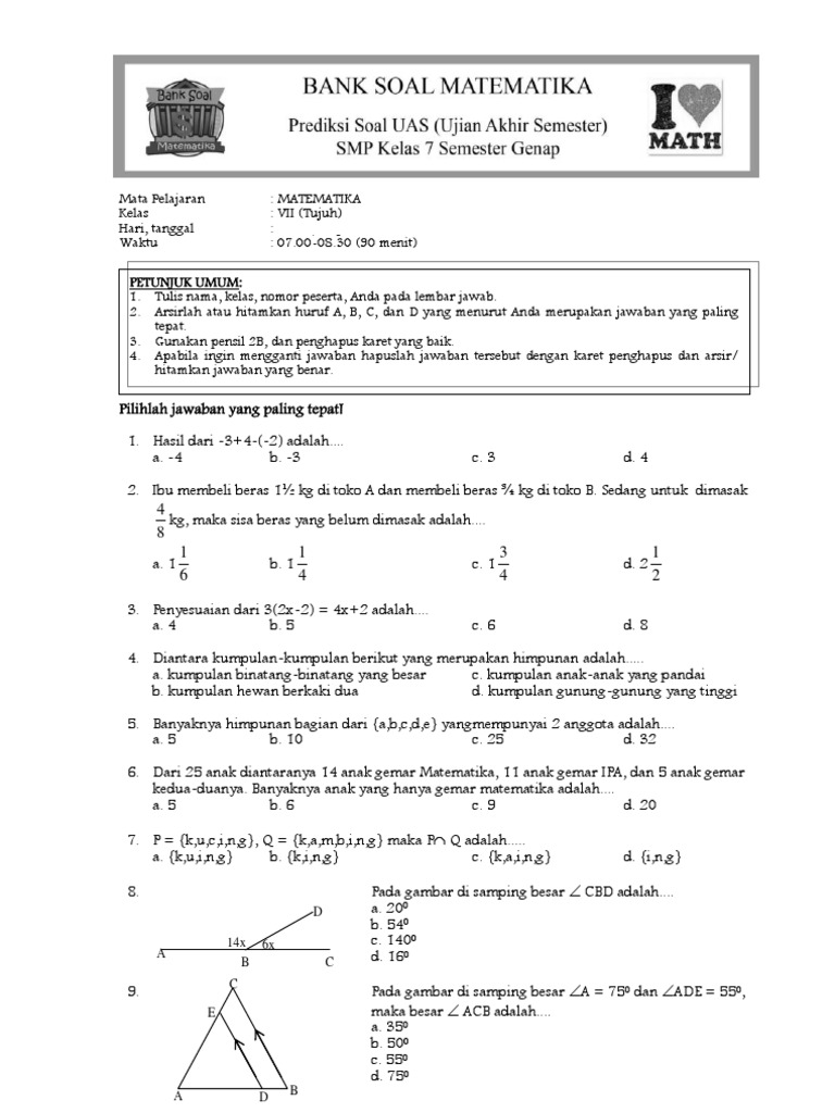 Soal Uas Matematika SMP Kelas 7 Semester 2 | PDF