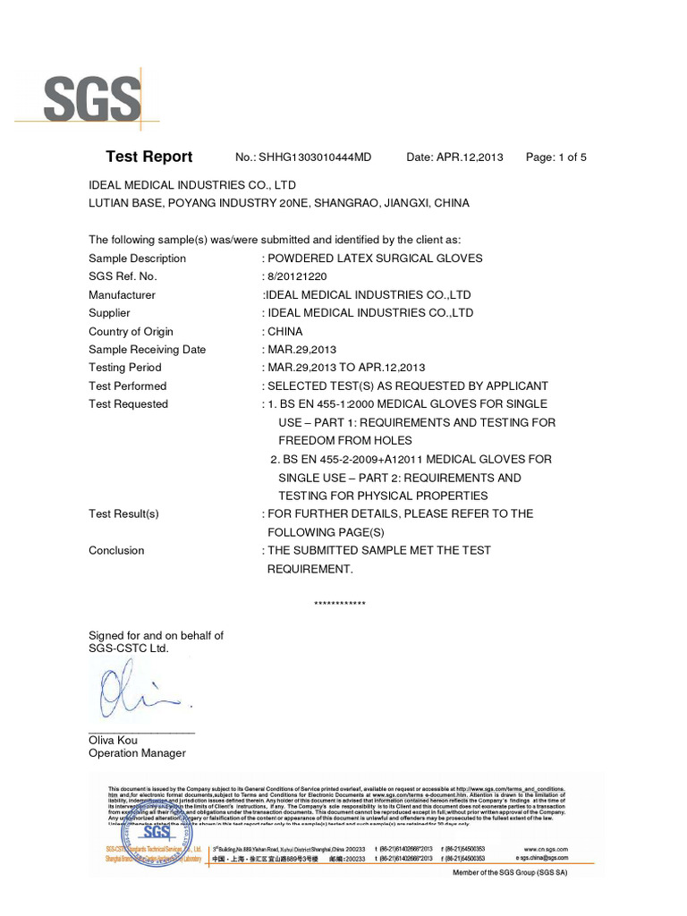 Latex Surgical Gloves Test Report | PDF | Polymers | Organic Polymers