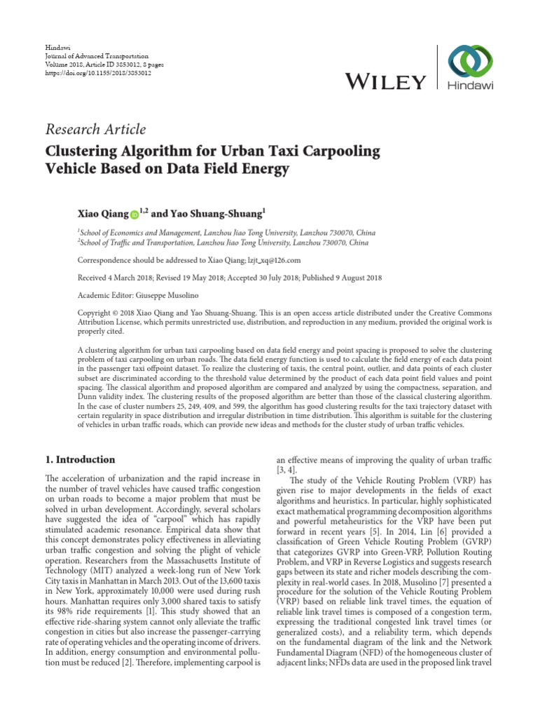 Clustering Algorithm For Urban Taxi Carpooling Vehicle Based On Data ...