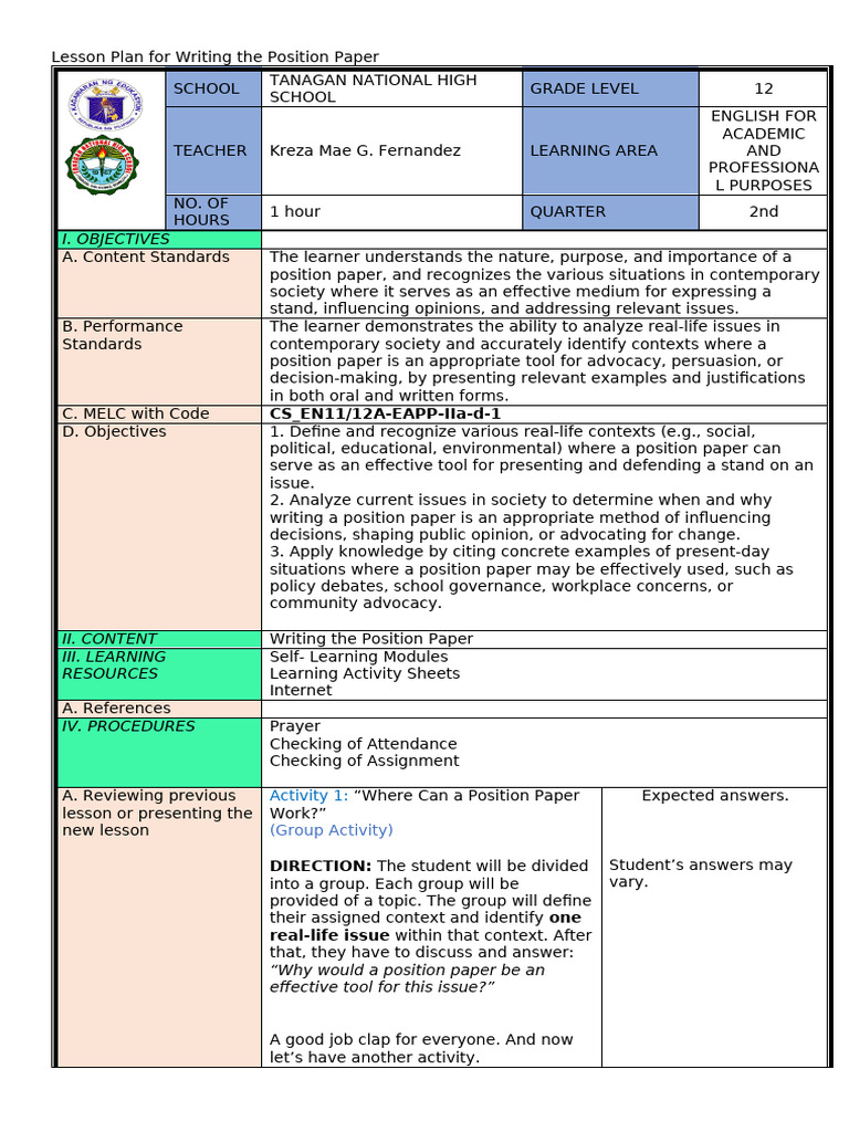 Position Paper Writing Lesson Plan | PDF | Policy | Social Justice