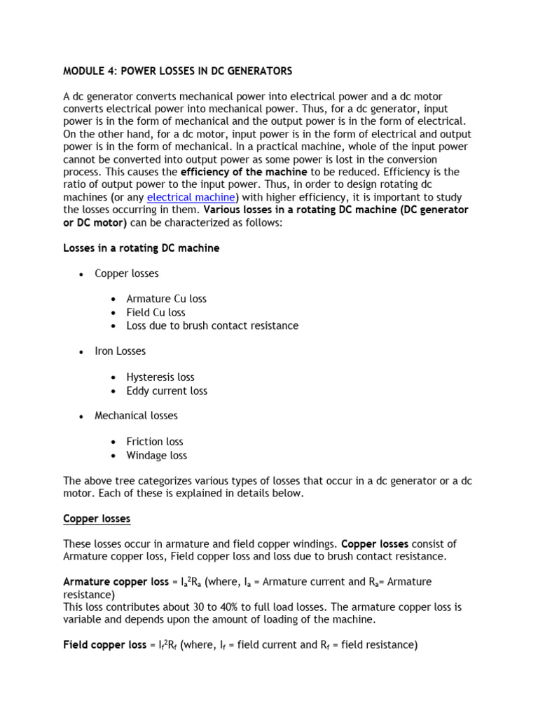 Power Losses in DC Generators Explained | PDF | Electric Motor ...