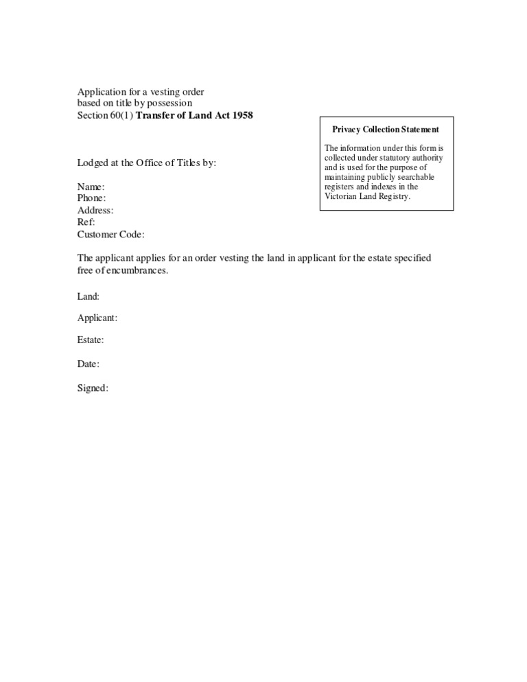Application for Vesting Order Form | PDF | Government | Social Institutions