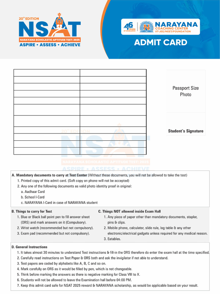 NSAT 2025 Roll Number Details | PDF