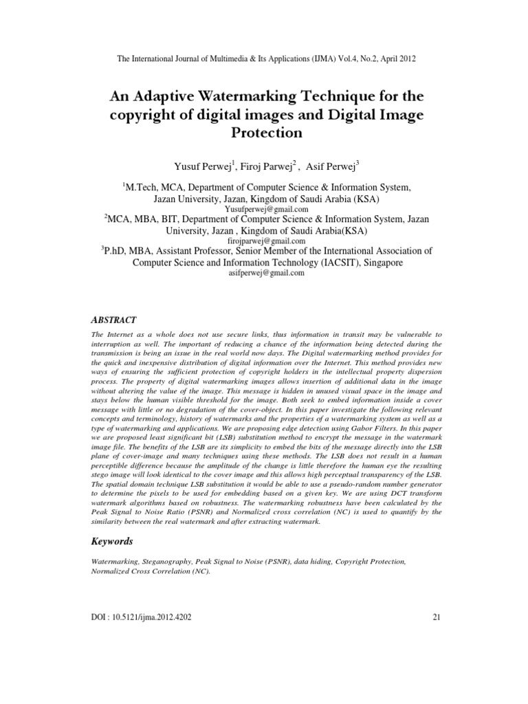 An Adaptive Watermarking Technique For The Copyright of Digital Images ...