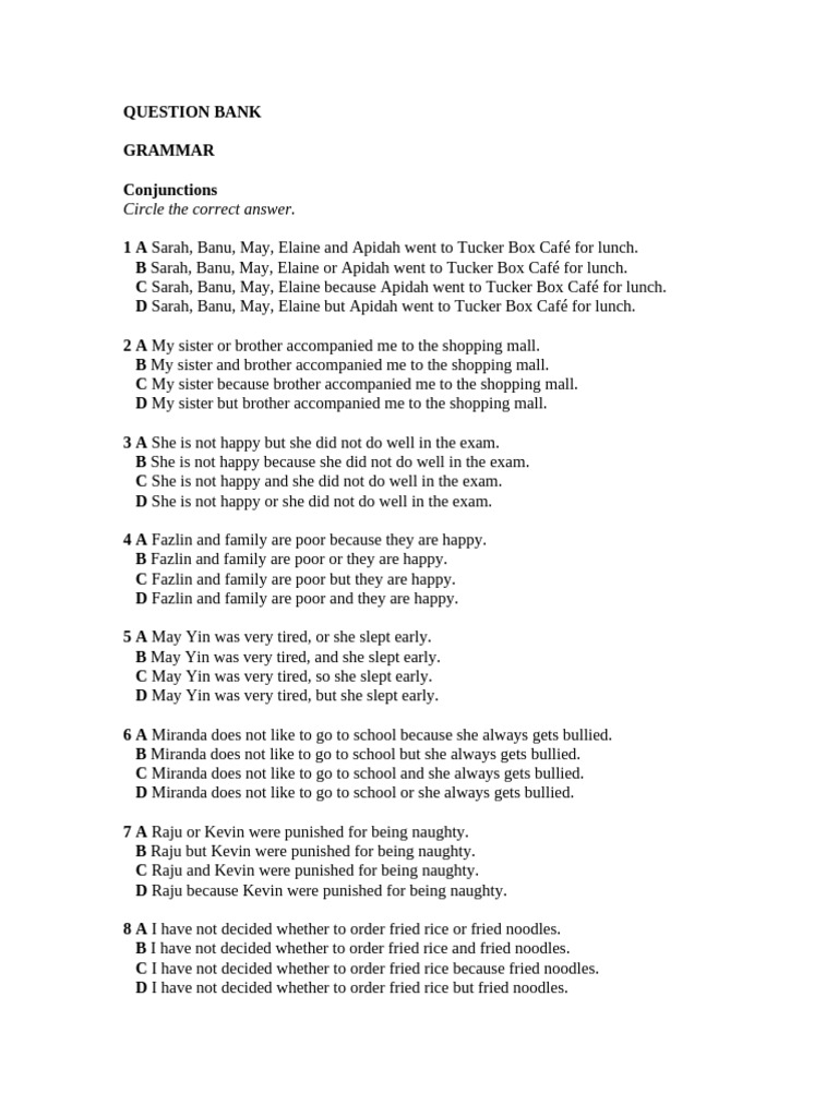 Grammar Conjunctions Question Bank | PDF