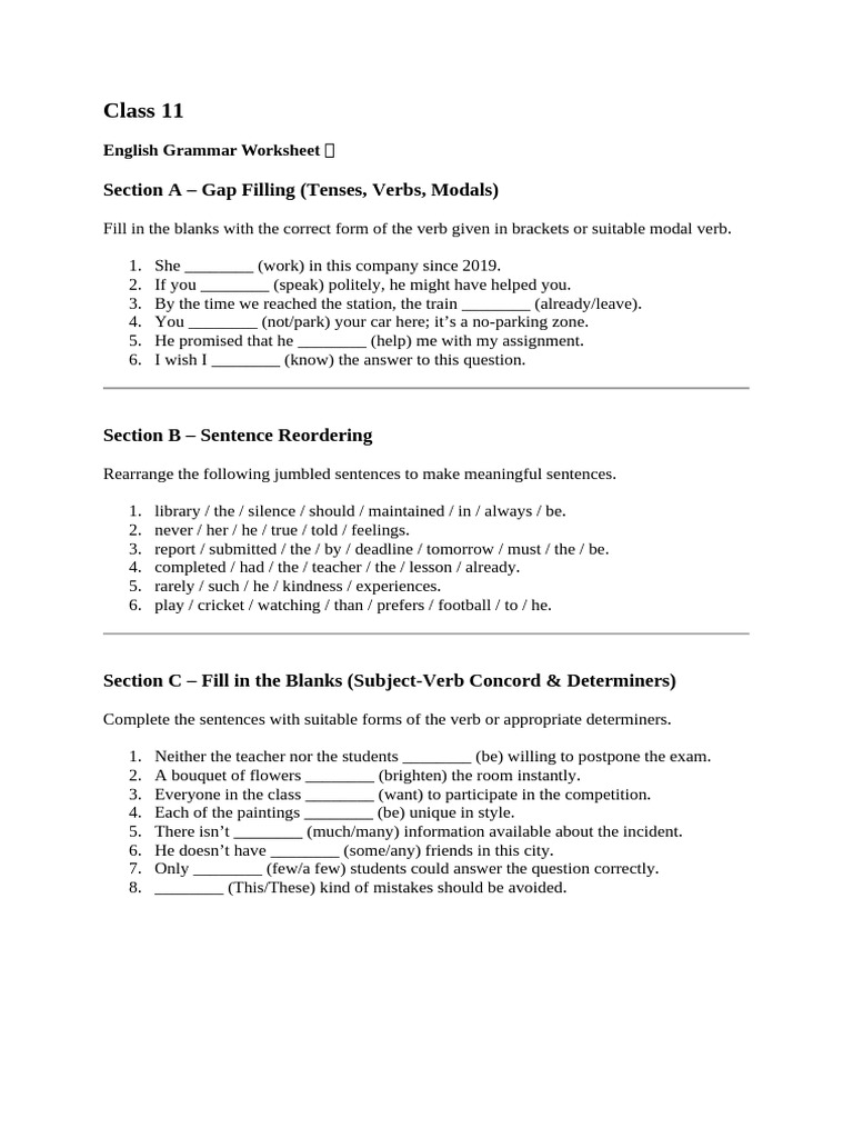 Class 11 English Grammar Worksheet | PDF