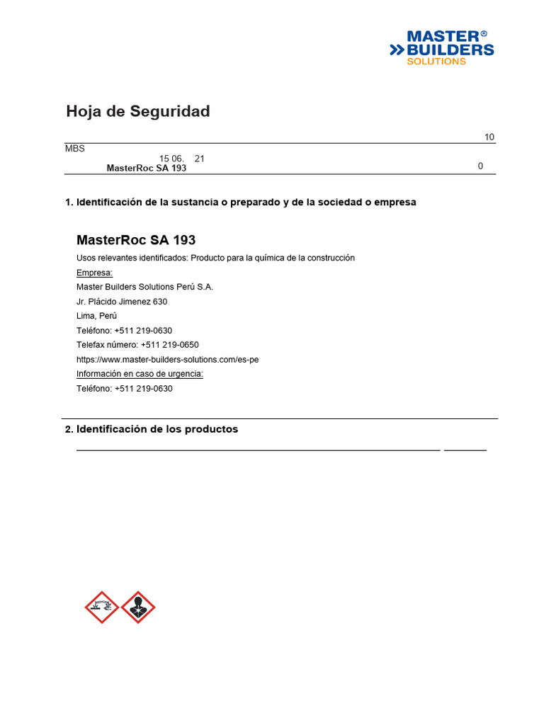 Hoja de Seguridad MasterRoc SA 193 | PDF | Química | Seguridad y salud ...