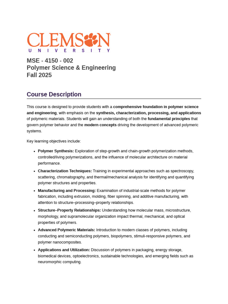 Polymer Science & Engineering Course | PDF | Polymers | Polymerization