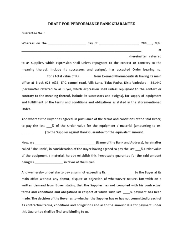 Draft for Performance Bank Guarantee Guarantee Contractual Term