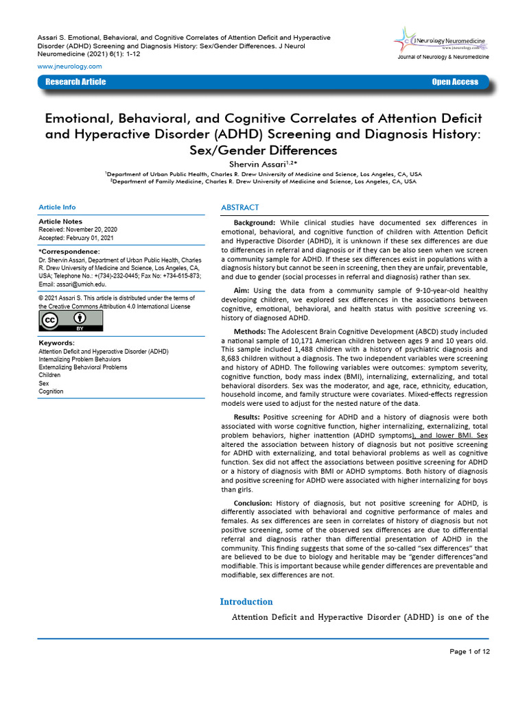 Emotional Behavioral and Cognitive Correlates of Attention Deficit and ...