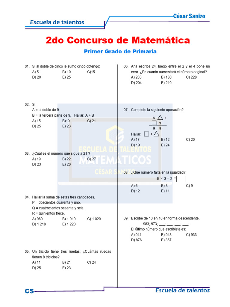 Ejercicios de Matemáticas para Primer Grado | PDF | Matemáticas