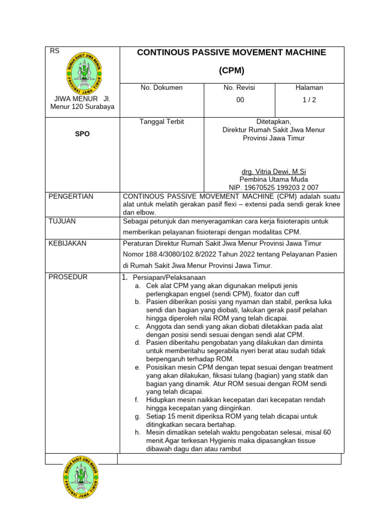 Panduan Penggunaan Mesin CPM Fisioterapi | PDF